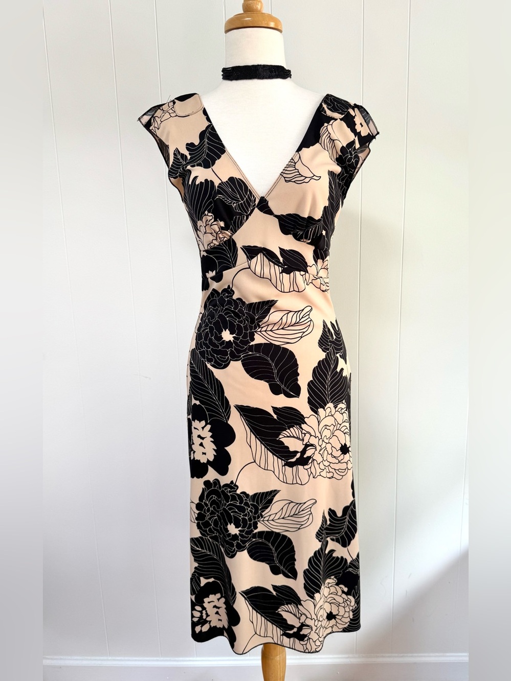 🔥Vintage 90s Charlotte Russe Floral Dress M Y2K Black Beige V-Neckline Midi